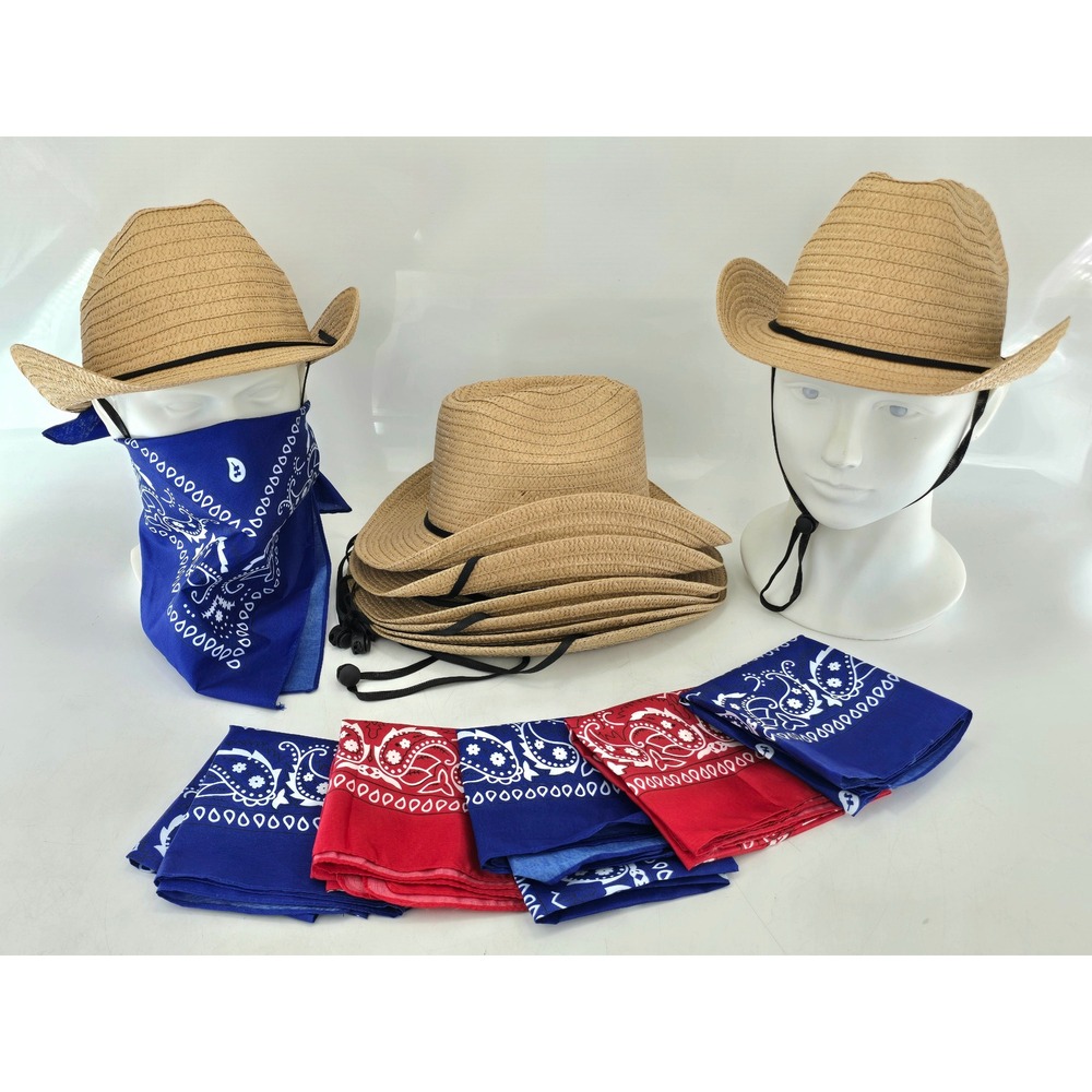 Yeehaw Straw Cowboy Hat with Bandana Unisex OSFM Tan Blue Red Western Bundle